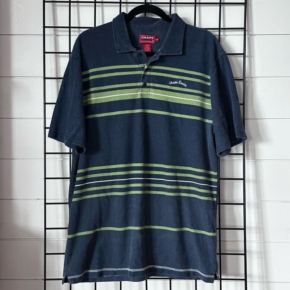 Vintage Chaps Denim Striped Polo Shirt Mens L Blue Eclectic Grandpa Preppy‎